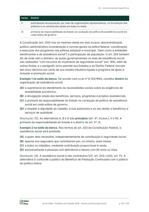 Página 85 do kit: Conhecimentos Específicos, diretrizes da LOAS e exemplos no estilo da banca